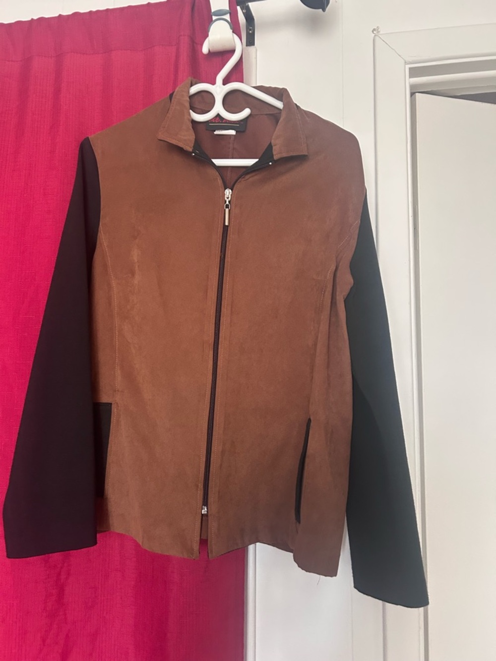 Brown Suede Zip-Front Jacket with Black Sleeves
